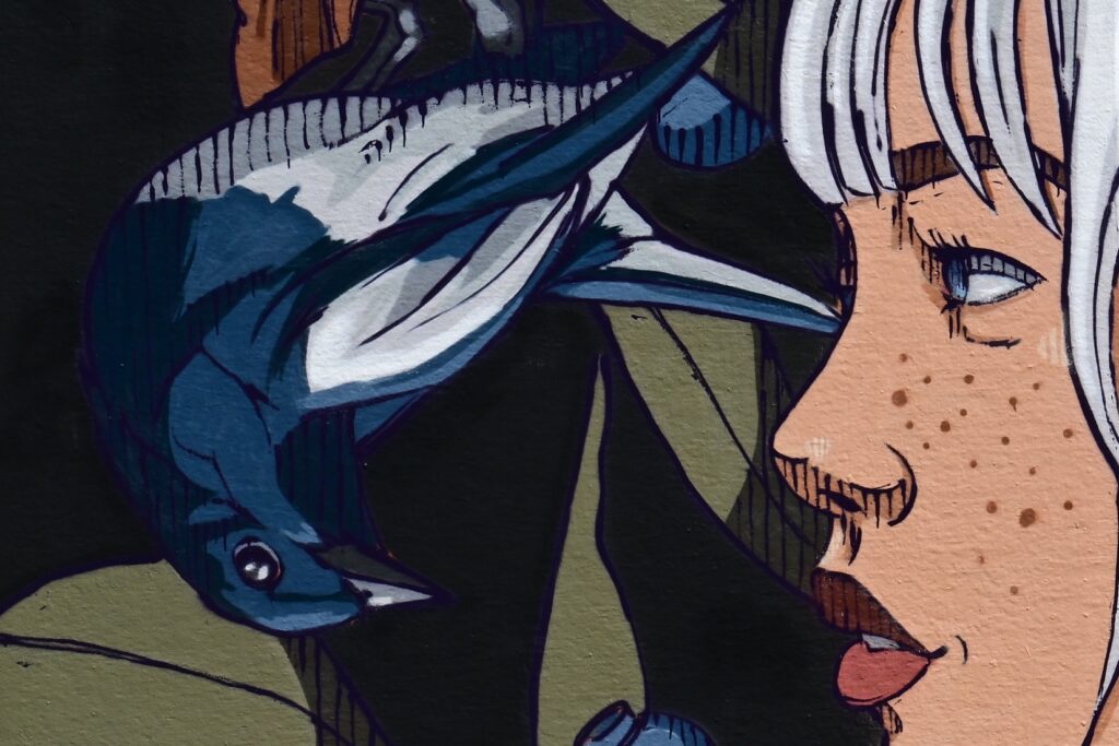 Detail des Plein Champ Murals mit Frauenporträt und Vogel
